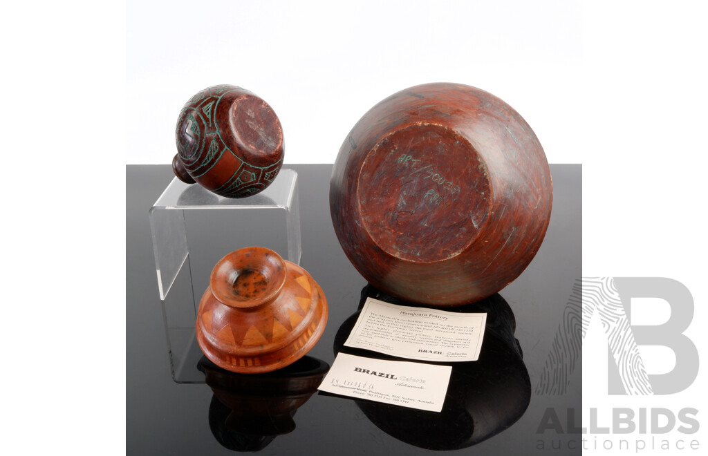 Vintage South American Amazonian Hand Made Marajoara Pottery Vessel with Incised Design, Vase and Another Dish