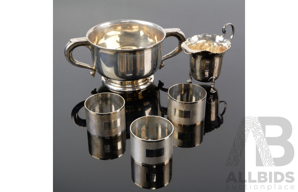 Vintage Sterling Silver Twin Handled Dish, Birmingham 1924, and Antique Sterling Silver Three Footed Jug, Birmingham 1916, Three Sterling Silver Napkin Rings, Sheffield 1965