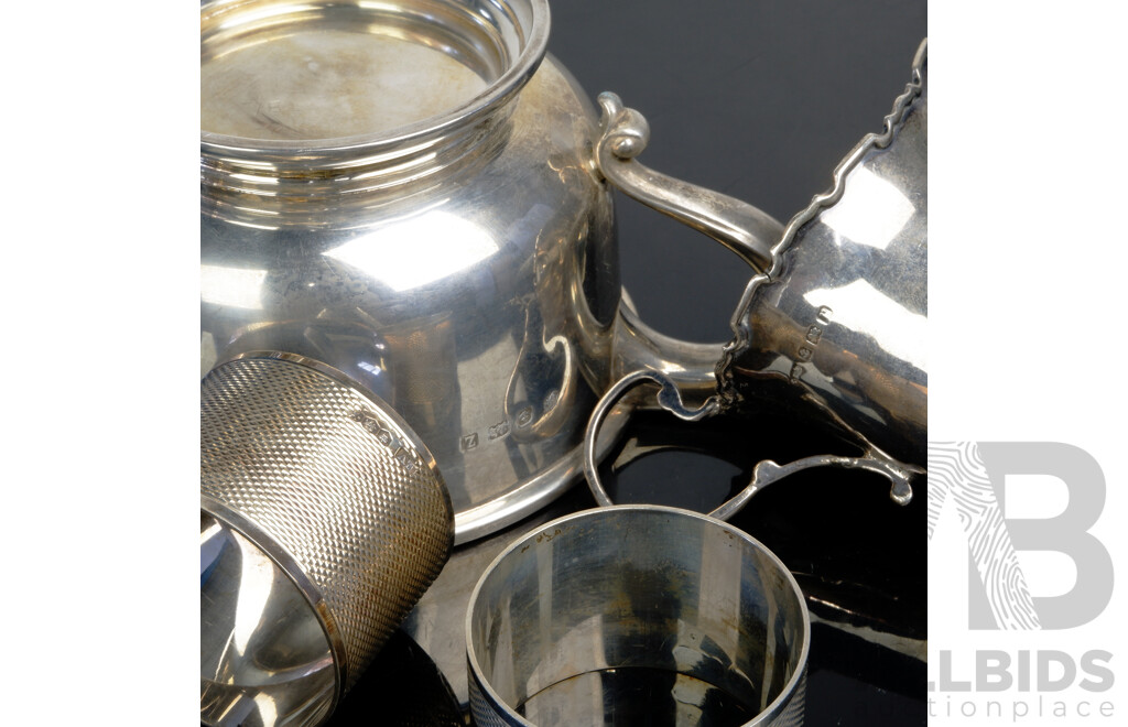 Vintage Sterling Silver Twin Handled Dish, Birmingham 1924, and Antique Sterling Silver Three Footed Jug, Birmingham 1916, Three Sterling Silver Napkin Rings, Sheffield 1965