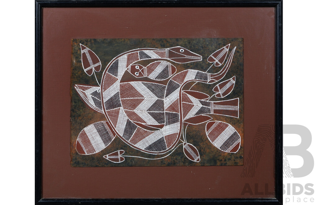 Bruce Nabegeyo, (Indigenous-Australian, Djalama Clan, 1949-2009), Ngalyodi Barra, Frog, Ochre on Arches Paper, 50 x 60 cm (frame)