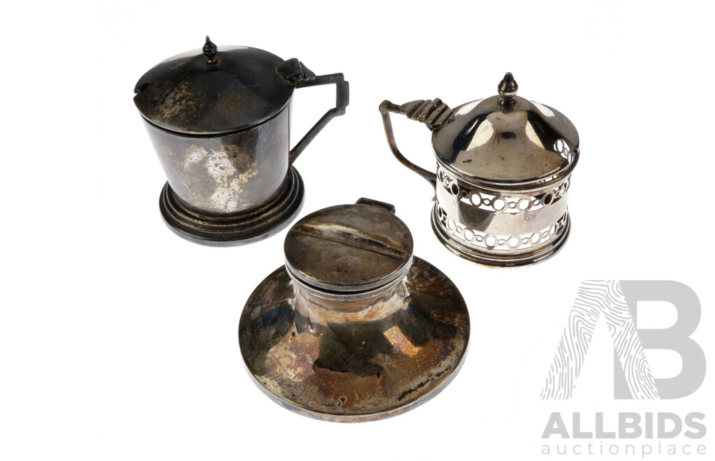 Collection Three Antique Sterling Silver Inkwells Including One Example with Weighted Base