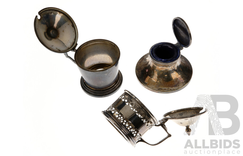 Collection Three Antique Sterling Silver Inkwells Including One Example with Weighted Base