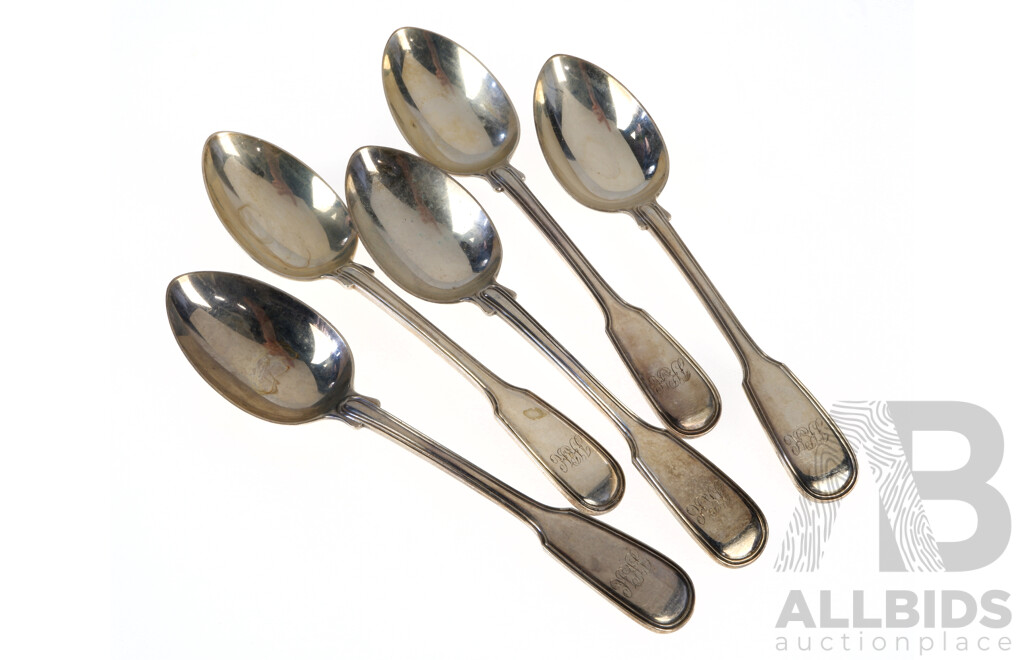 Set Five Sterling Silver Teaspoons with Monogramed Handles, London 1862