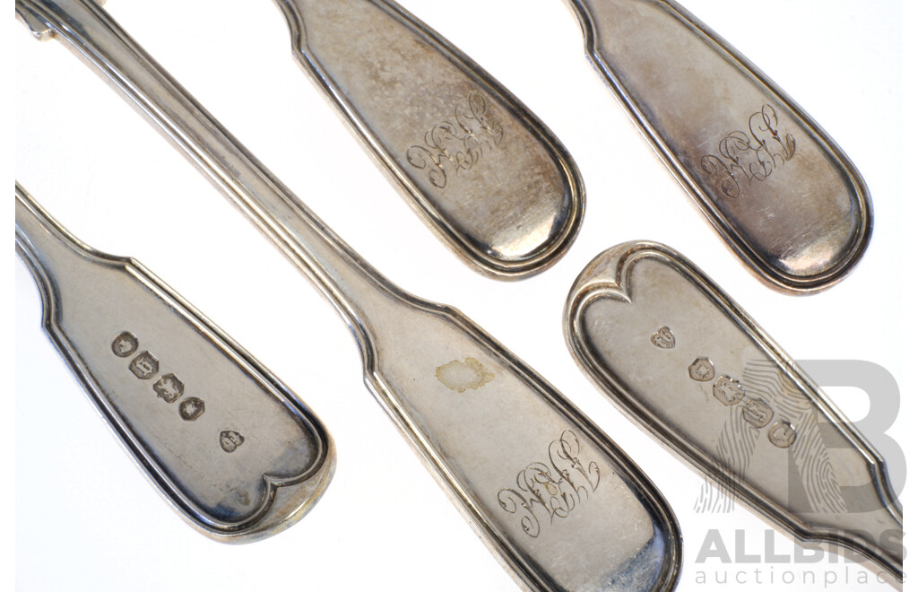 Set Five Sterling Silver Teaspoons with Monogramed Handles, London 1862