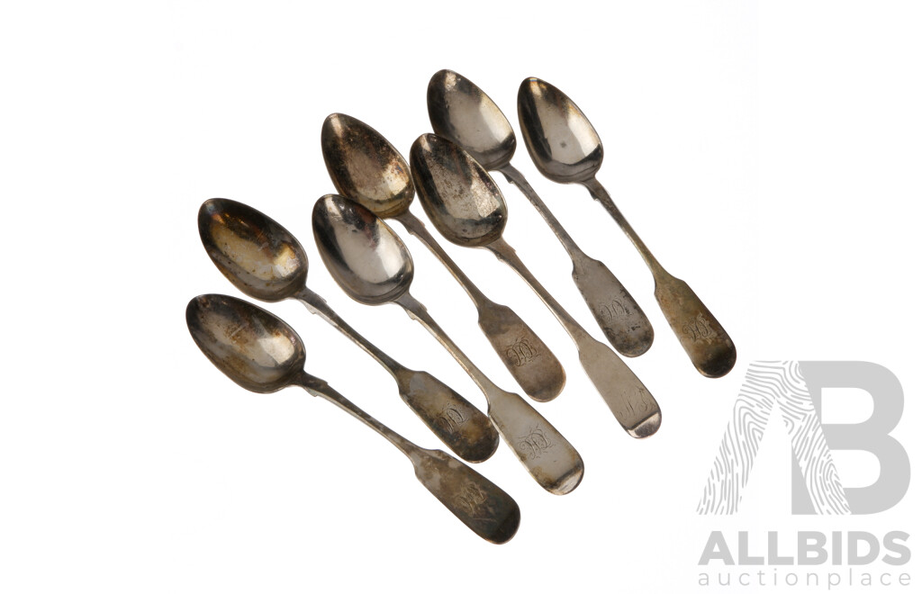 Set Seven Antique Sterling Silver Teaspoons with Monogrammed Handles,Exeter 1857