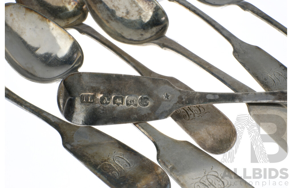 Set Seven Antique Sterling Silver Teaspoons with Monogrammed Handles,Exeter 1857