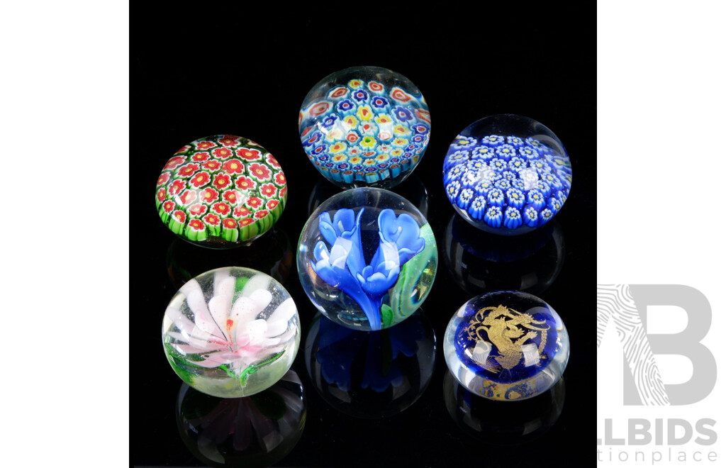 Collection Six Glass Paperweights Including Three Millefiori Examples