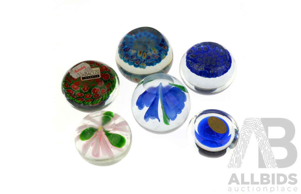 Collection Six Glass Paperweights Including Three Millefiori Examples