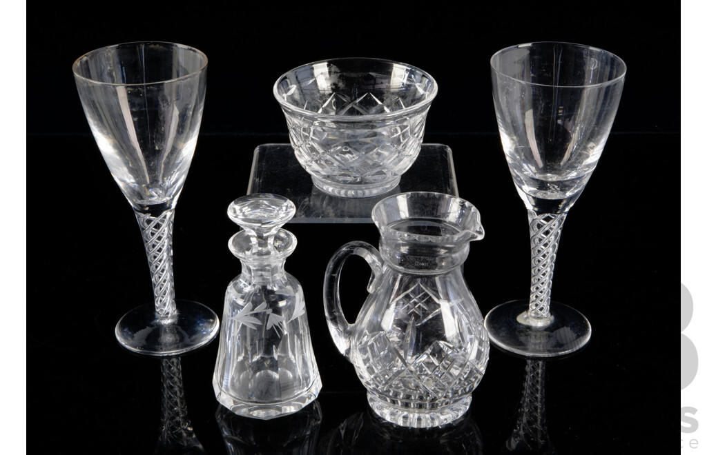 Collection Five Vintage Stuart Crystal Pieces Including Pair Glasses with Twist Stem Detail