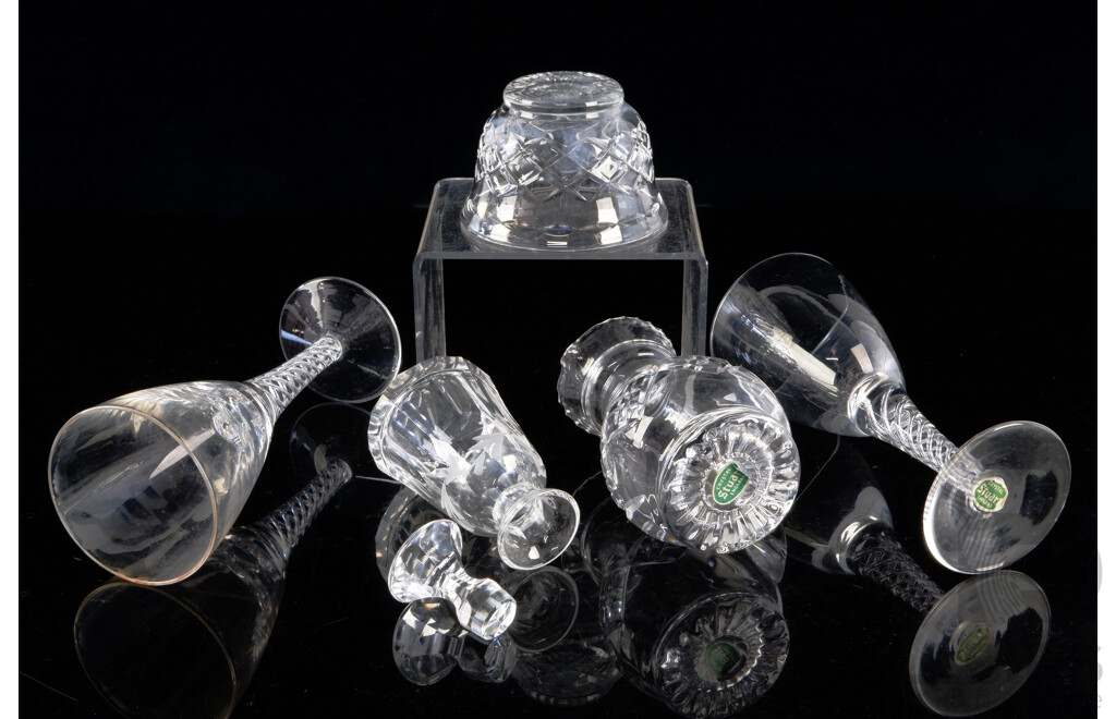 Collection Five Vintage Stuart Crystal Pieces Including Pair Glasses with Twist Stem Detail