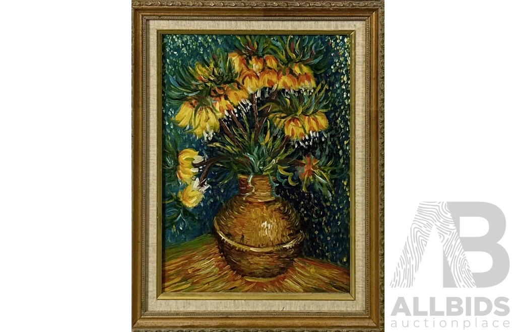 Artist Unknown, Crown Imperial Fritilarries in Copper Vase, (After Vincent Van Gogh), Oil on Canvas, 50 x 40 cm (frame)