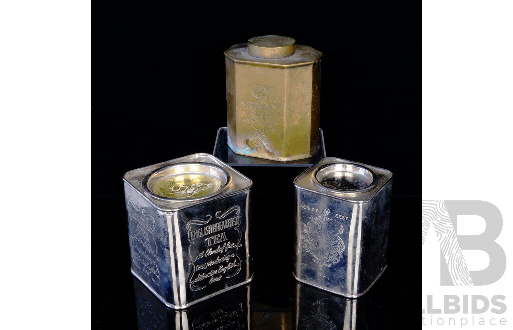 Two Silver Plate Tea Caddies Including Twinings Example Along with Vintage Brass Example