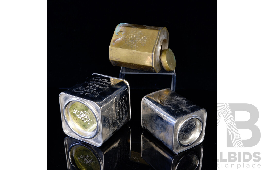 Two Silver Plate Tea Caddies Including Twinings Example Along with Vintage Brass Example