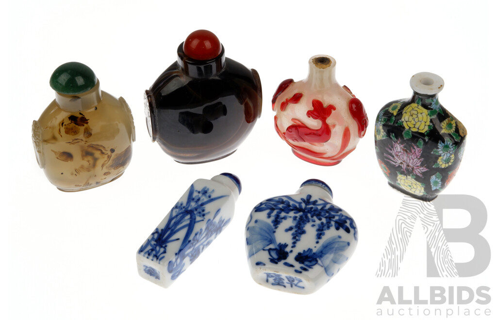 Collection Six Chinese Vintage Snuff Bottles Including Glass, Porcelain and Agate Examples