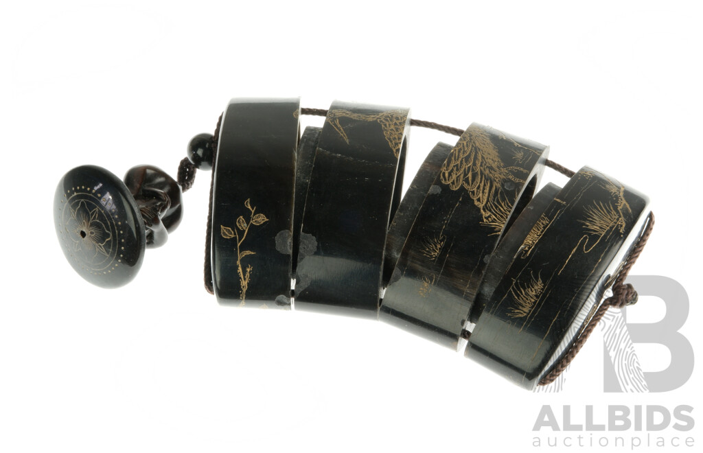 Japanese Lacquer Inro with Four Compartments and Wooden Monkey Netsuke