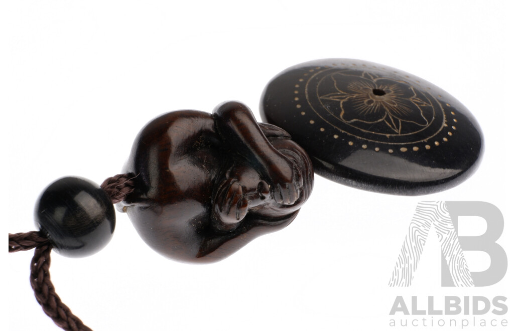 Japanese Lacquer Inro with Four Compartments and Wooden Monkey Netsuke