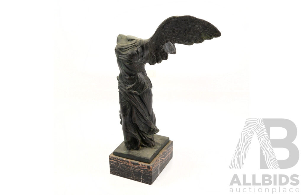 Vintage Bronze Winged Victory Statue on Polished Stone Base