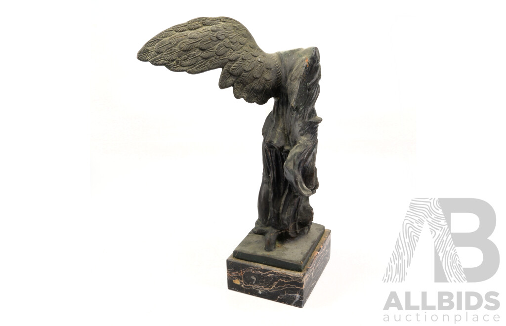 Vintage Bronze Winged Victory Statue on Polished Stone Base