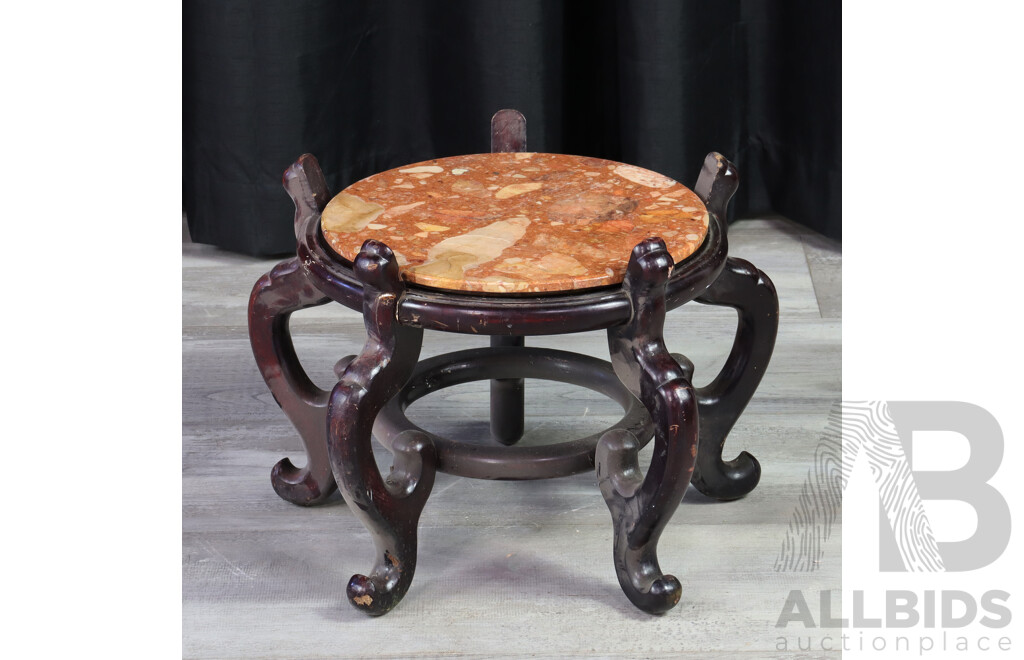 Large Carved Chinese Wooden Vase or Plant Stand with Polished Stone Top