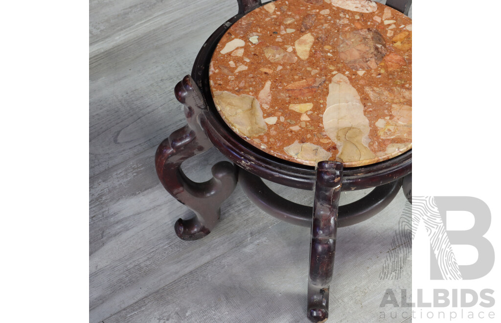 Large Carved Chinese Wooden Vase or Plant Stand with Polished Stone Top