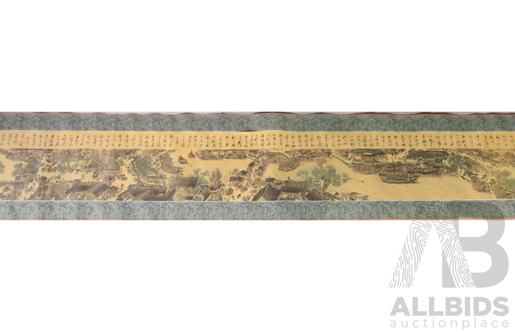 (Chinese School), Along the River During the Qingming Festival, Extremely Long Ink on Silk Vintage Scroll, 410 x 41 cm (in entirety)