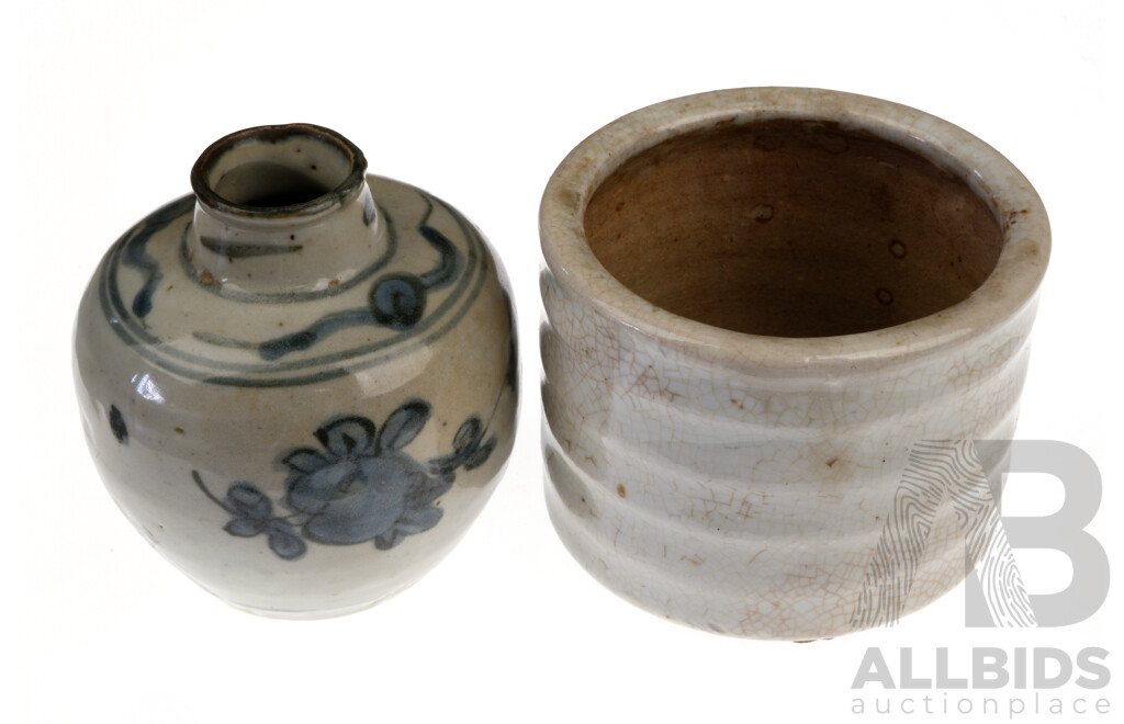 Antique Chinese Ming Porcelain Jarlett Along with Ming Censer Base with Tripod Feet