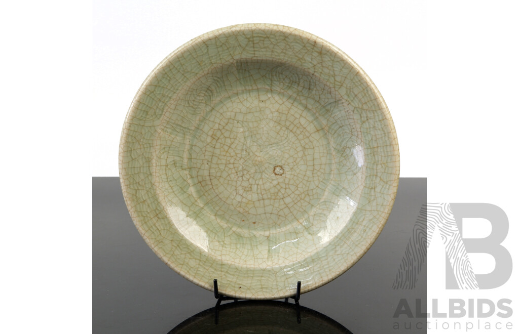 Antique Chinese Celadon Crackle Glazed Porcelain Bowl with Incised Design to Interior