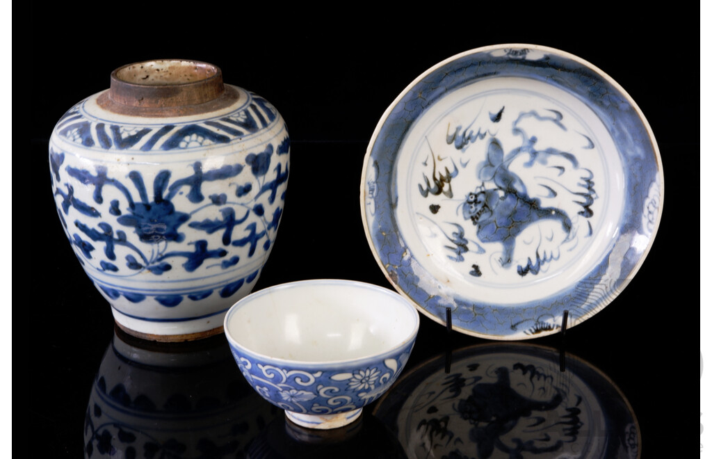 Three Antique Chinese Blue and White Ming Porcelain Pieces