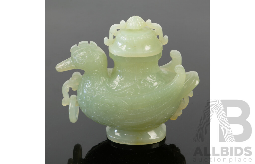 Vintage Chinese Carved Serpentine Lidded Jar with Legendary Bird Form