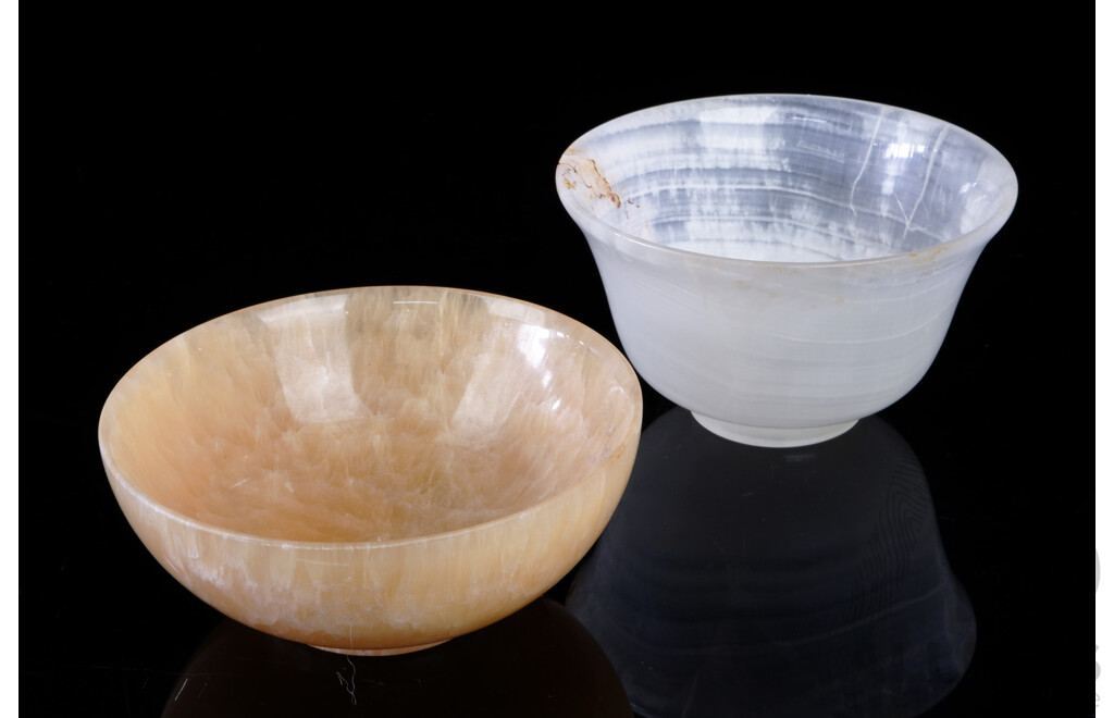 Two Chinese Carved Polished Agate Stone Dishes