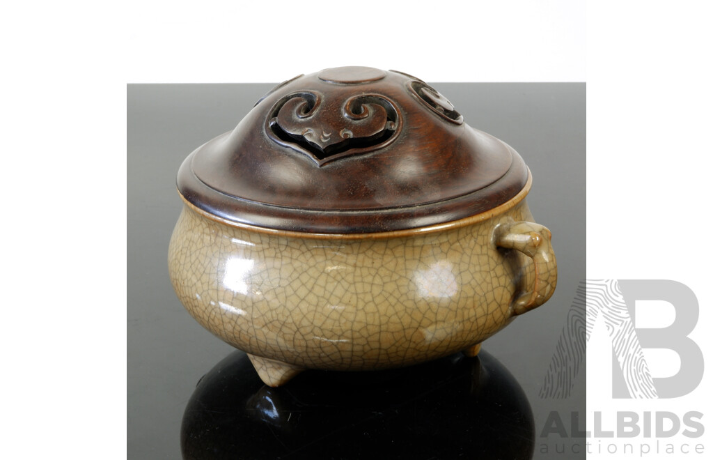 Vintage Chinese Tripod Footed Crackle Glazed Censer with Carved Wooden Cover