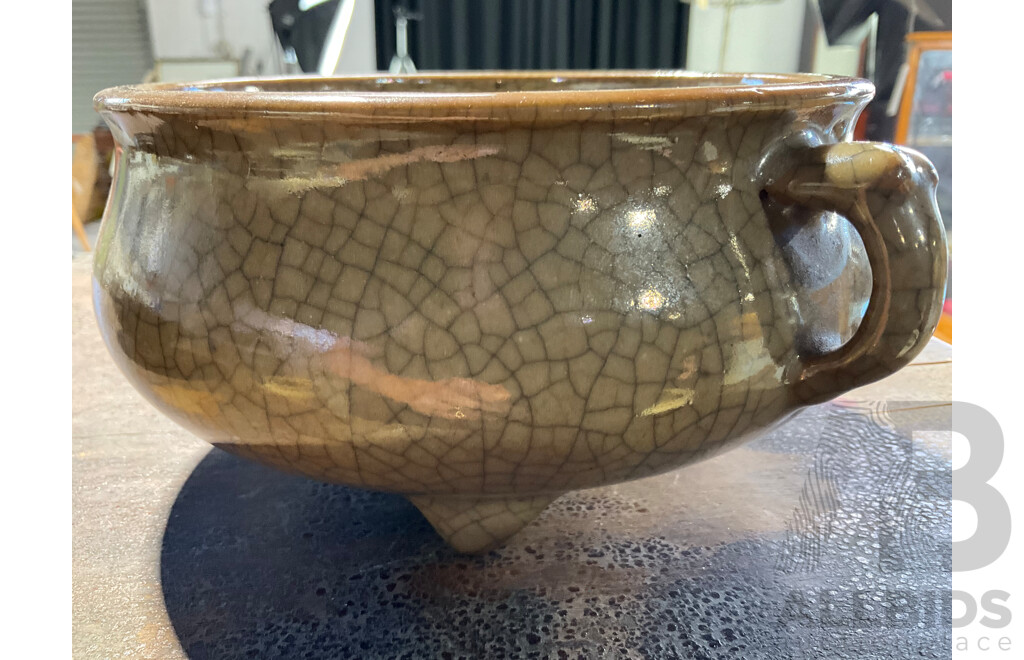 Vintage Chinese Tripod Footed Crackle Glazed Censer with Carved Wooden Cover