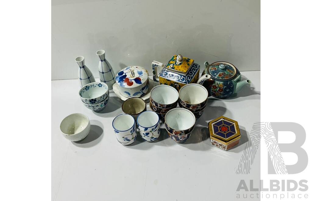 Collection Japanese Porcelain Pieces Including Cups, Kutani Ware Teapot and More