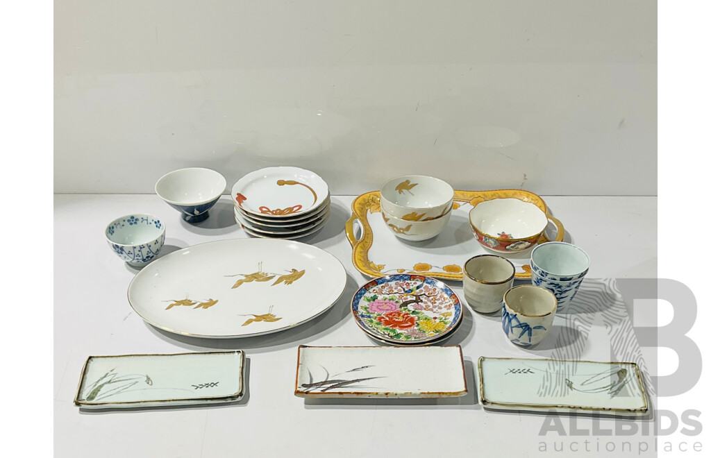 Collection Japanese Porcelain Pieces Including Cups, Platters, Plates and More