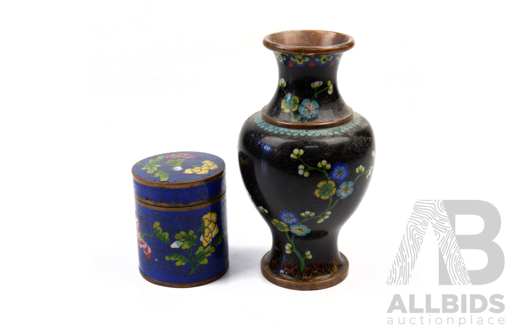 Two Pieces Chinese Cloisonne Comprising Vase and Lidded Canister