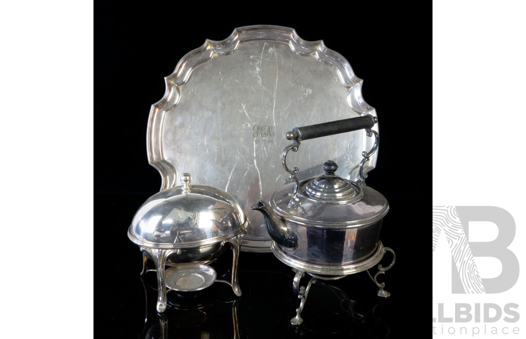 Collection Three Vintage Silver Plate Pieces by Walker & Hall Comprising Egg Coddler, Spirit Kettle on Stand and Tray