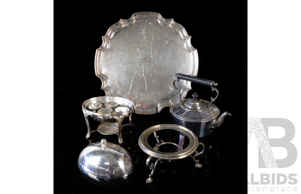 Collection Three Vintage Silver Plate Pieces by Walker & Hall Comprising Egg Coddler, Spirit Kettle on Stand and Tray