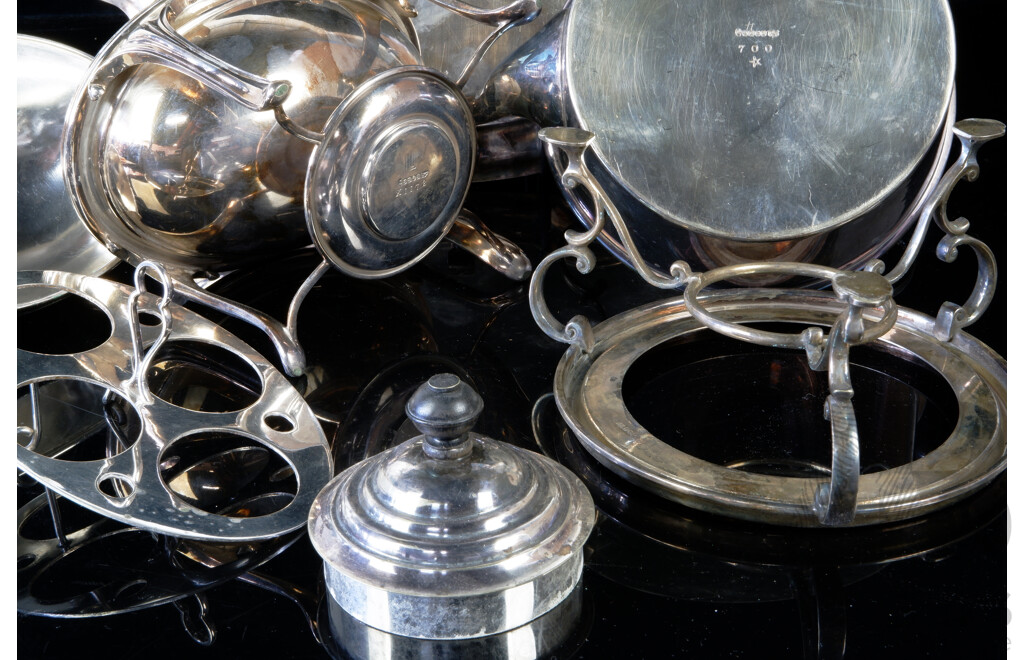 Collection Three Vintage Silver Plate Pieces by Walker & Hall Comprising Egg Coddler, Spirit Kettle on Stand and Tray