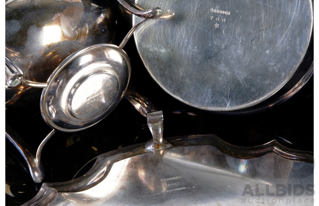 Collection Three Vintage Silver Plate Pieces by Walker & Hall Comprising Egg Coddler, Spirit Kettle on Stand and Tray