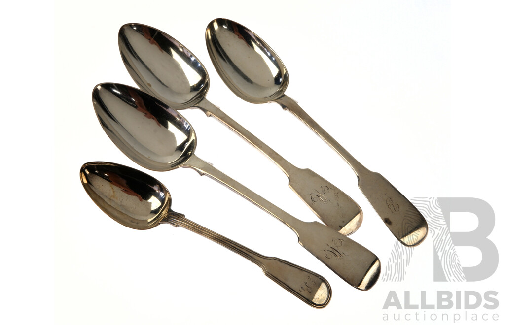 Collection Three Vintage Sterling Silver Table Spoons Along with Smaller Example, London 1846, Total Weight 273gm