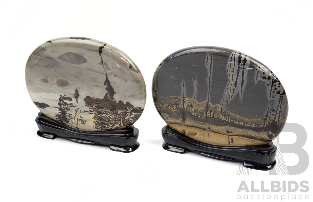 Pair Chinese Cao Hua Picture Stones on Bespoke Wooden Bases