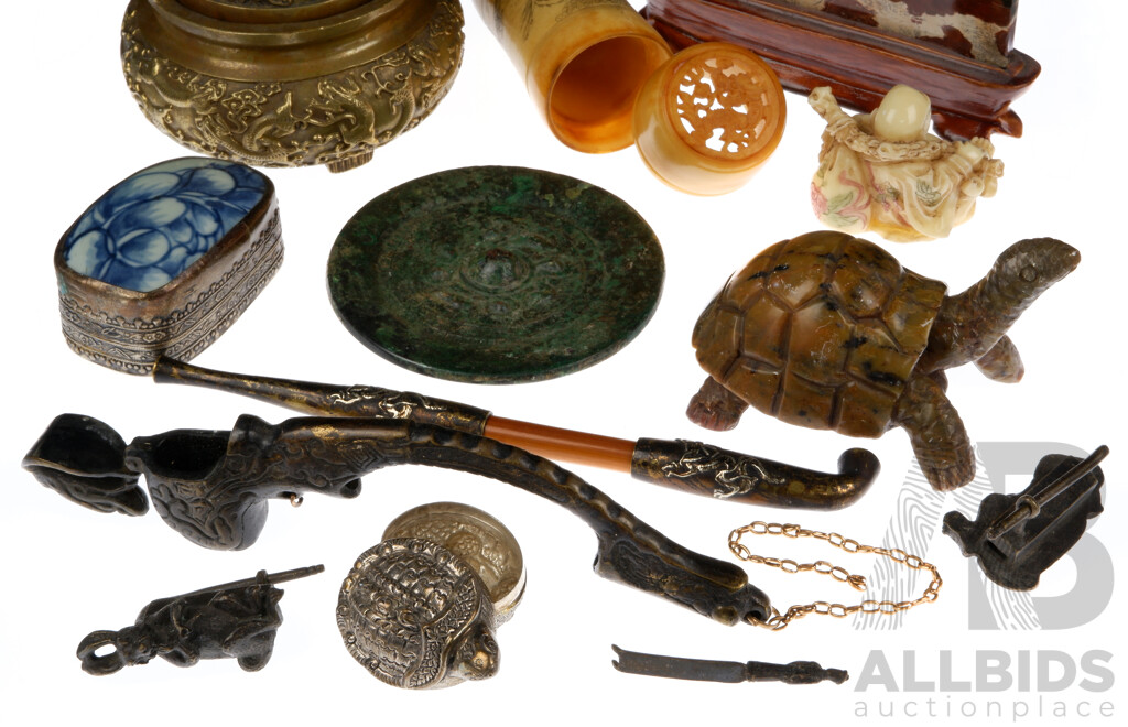 Collection Vintage Asian Items Including Japanese Brass Lidded Censer, Carved Stone Turtle, Scholars Stone on Wooden Stand, White Metal Lidded Turtle Container and More