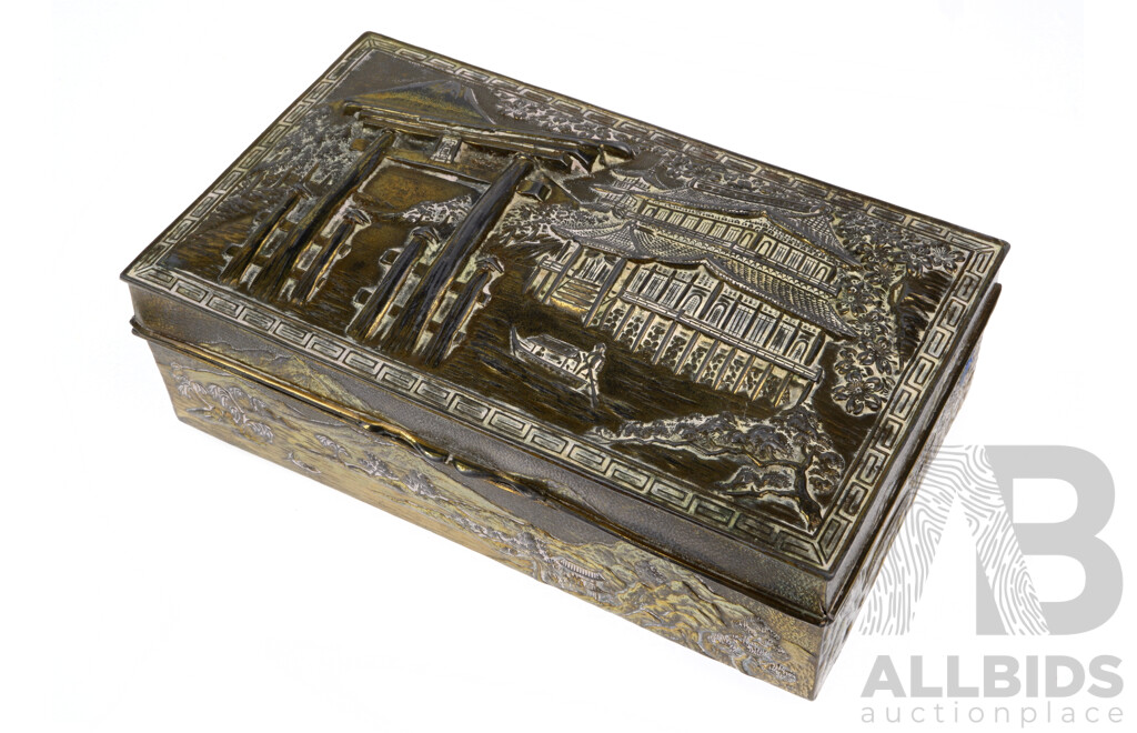 Vintage Japanese Brass Cedar Lined Cigar Box with Heavily Repoussé Scenes