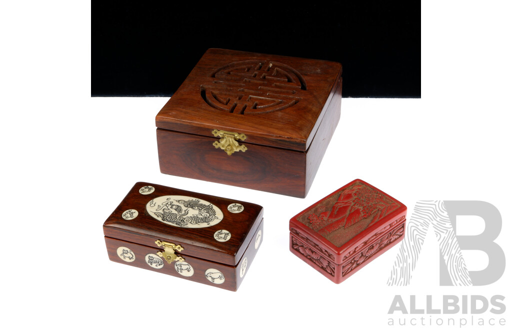 Collection Three Vintage & Other Asian Boxes Including Cinnabar Example. Bone Inlaid Example and More