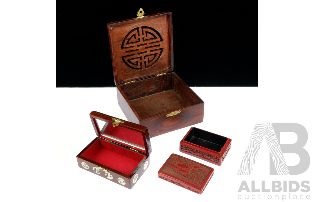 Collection Three Vintage & Other Asian Boxes Including Cinnabar Example. Bone Inlaid Example and More