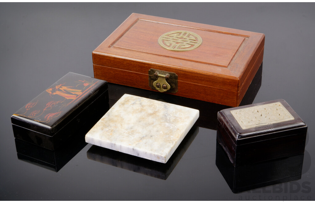 Collection Three Vintage & Other Asian Boxes Comprising Large Wooden Example, Wooden Example with Carved Stone Top and Japanese Lacquer Ware Example