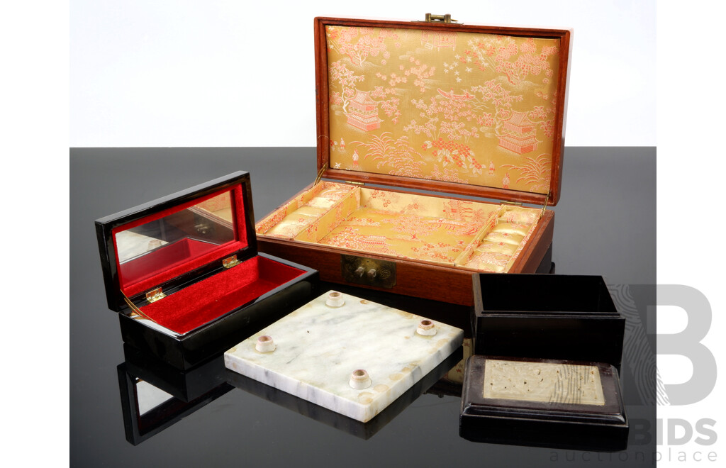 Collection Three Vintage & Other Asian Boxes Comprising Large Wooden Example, Wooden Example with Carved Stone Top and Japanese Lacquer Ware Example