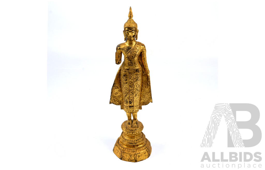 Vintage Bronze with Gilt Finish Thai Pang Ham Yati Buddha Statue with Flamiform Top Knot