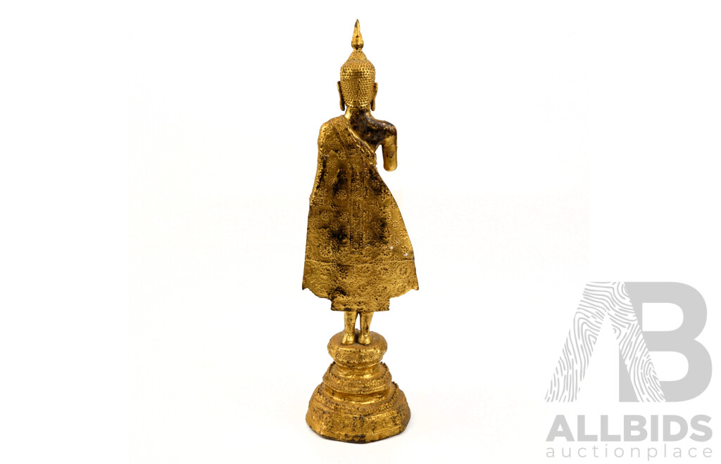 Vintage Bronze with Gilt Finish Thai Pang Ham Yati Buddha Statue with Flamiform Top Knot