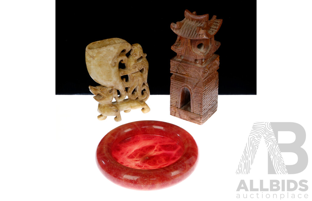 Collection Three Asian Stone Items Comprising Soft Stone Bowl, Pagoda Form Ornament & Archaistic Style Cup